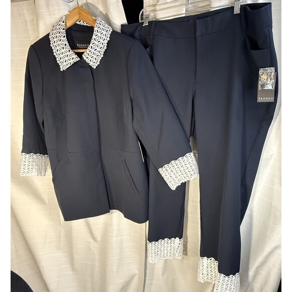 NWT Eloquii Blue Blazer Suit white Lace Jacket Career Business Travel   Size 18 - Picture 5 of 11